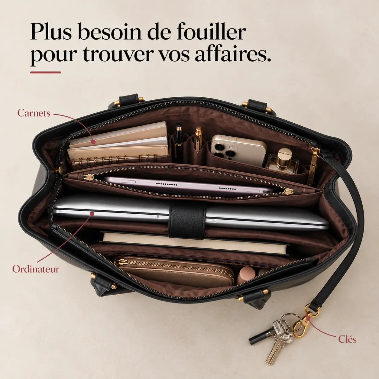 Intérieur du sac Olvia : carnets, stylos, téléphone, tablette, ordinateur, trousse et clés rangés