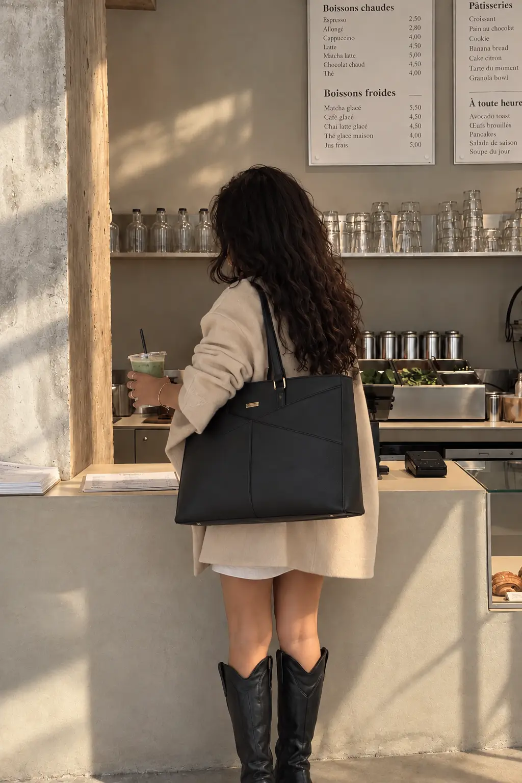Femme commandant un matcha au comptoir d'un café, le sac Olvia à l'épaule